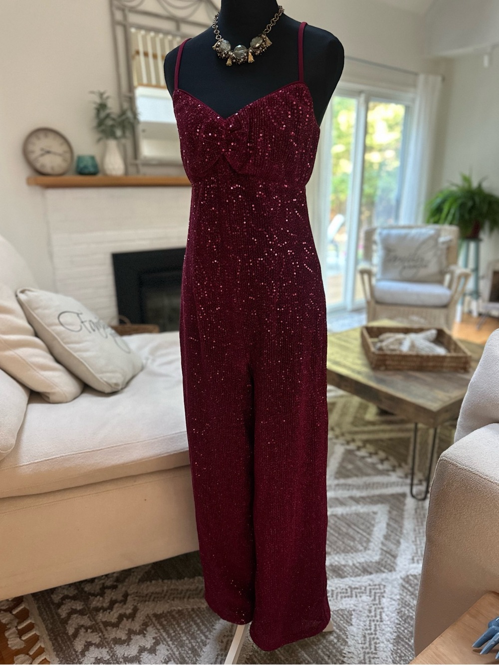 Lovers + Friends Cindie Sequin Holiday Valentine Glam Jumpsuit Maroon Red Size S